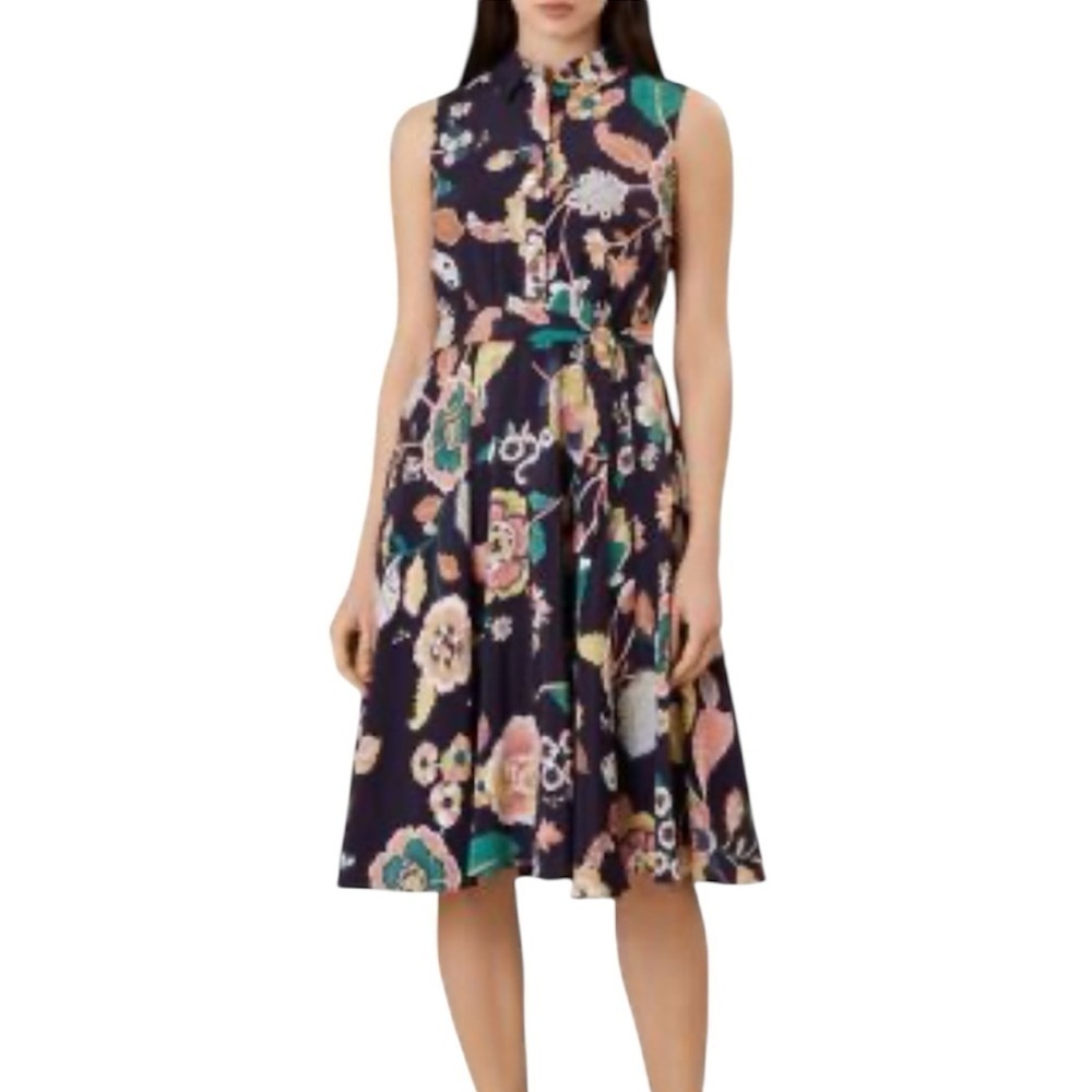 Hobbs London Belinda Floral Sleeveless Collared Shirt Dress Size 6 Navy Blue